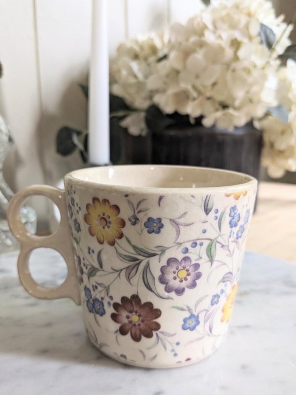 Vintage Ironstone Chintz Mug with Double Hole Handle ~ USA